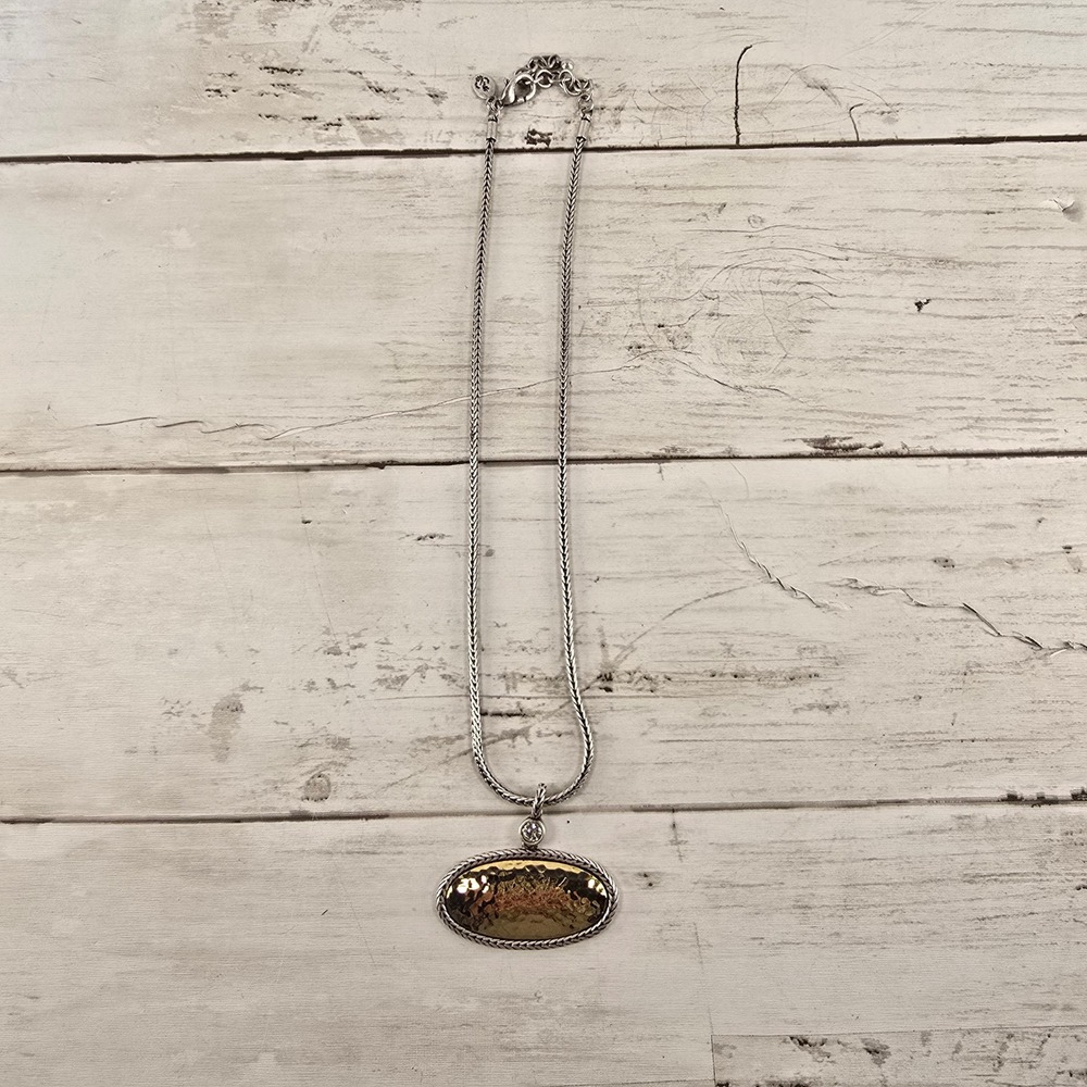 Premier Designs‎ Silver Gold Hammered Oval Pendant Necklace Wheat Chain Crystal